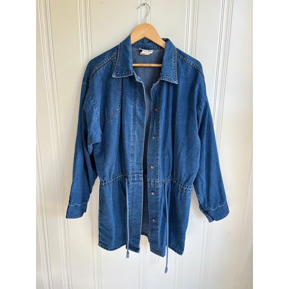 Vintage Avon Style Jean Hidden Button Adjustable Waist Duster Coat Women's Large - Picture 5 of 9
